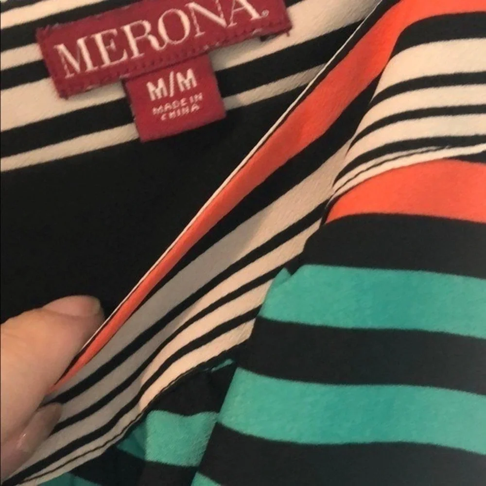 Merona Womens Striped Sleeveless V-Neck Dress Cinched Waist‎ High-Low Hem Medium
